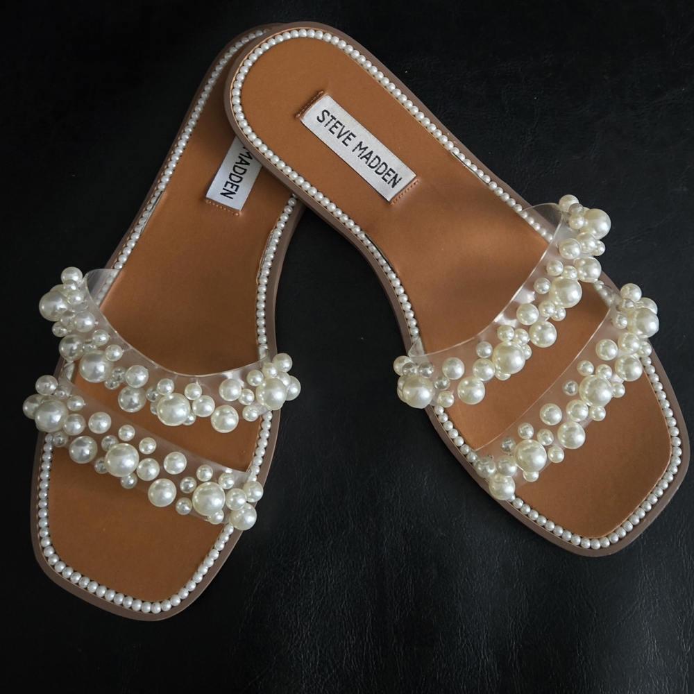 Steve Madden Pearl Embellished Tan Sandals - Picture 5 of 7